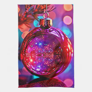Vibrant Neon Christmas Ornament Design Kitchen Towel