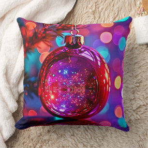 Vibrant Neon Christmas Ornament Design Throw Pillow