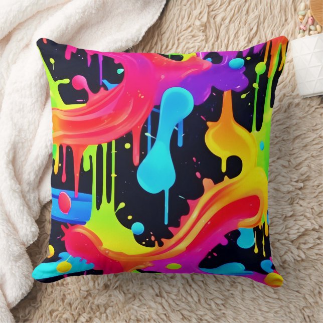 Vibrant Neon Colour Splash Art Throw Pillow (Blanket)
