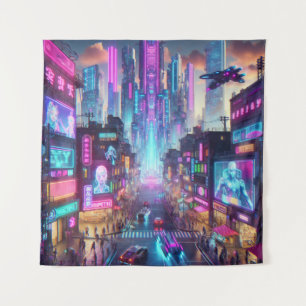 Vibrant Neon Cyberpunk Cityscape Fantasy Tapestry