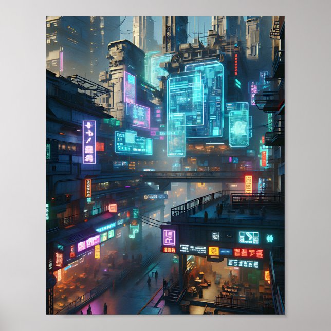 Vibrant Neon Cyberpunk Street Scene Poster (Front)