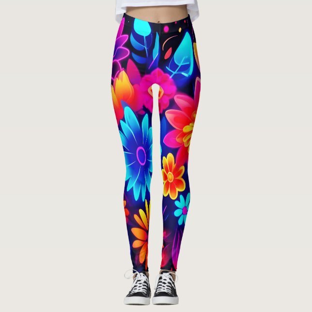 Vibrant Neon Floral Art Leggings (Front)