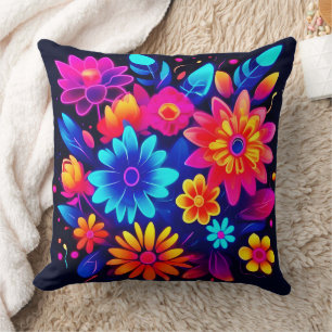 Vibrant Neon Floral Art Throw Pillow