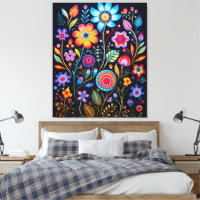 Vibrant Neon Floral Black Background Wood Plaque
