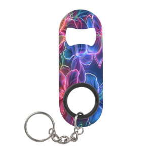 Vibrant Neon Floral Pattern in Dark Background Keychain Bottle Opener