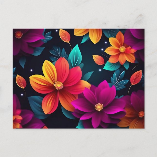 Vibrant Neon Flowers on Dark Postcard (Front)