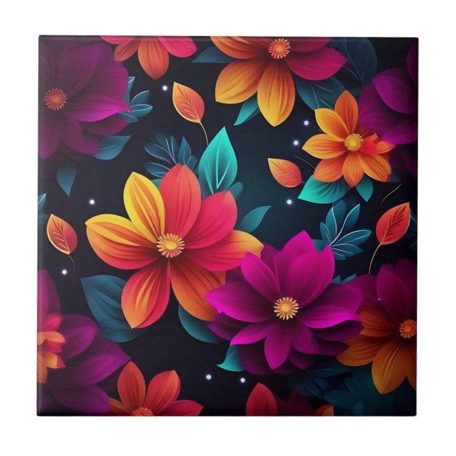 Vibrant Neon Flowers on Dark Tile (Front)