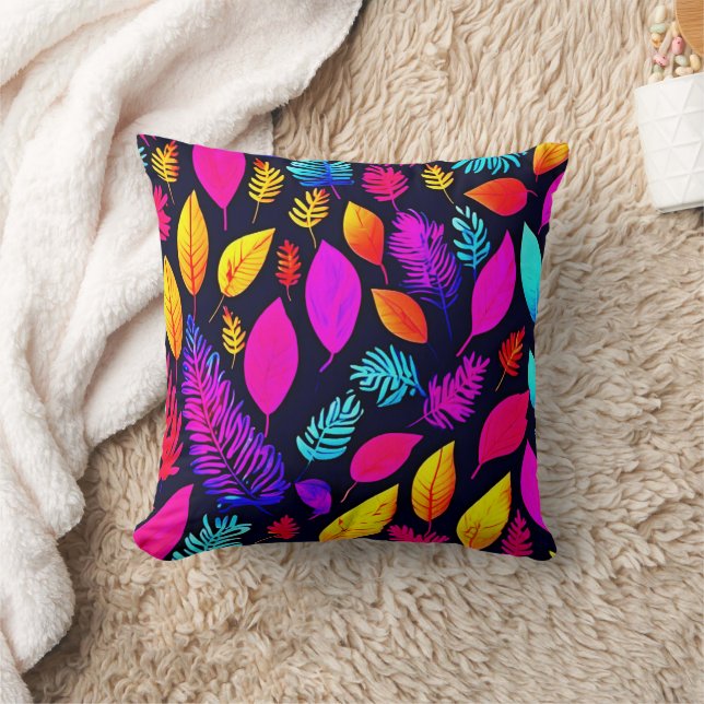 Vibrant Neon Foliage: Captivating Leaves Pattern Throw Pillow (Blanket)