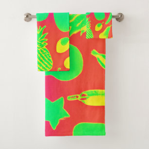 Vibrant Neon Fruits Pattern Bath Towel Set