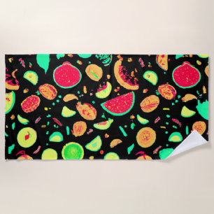 Vibrant Neon Fruits Pattern Beach Towel
