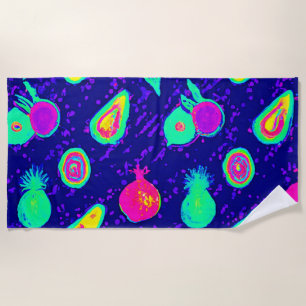 Vibrant Neon Fruits Pattern Design Beach Towel