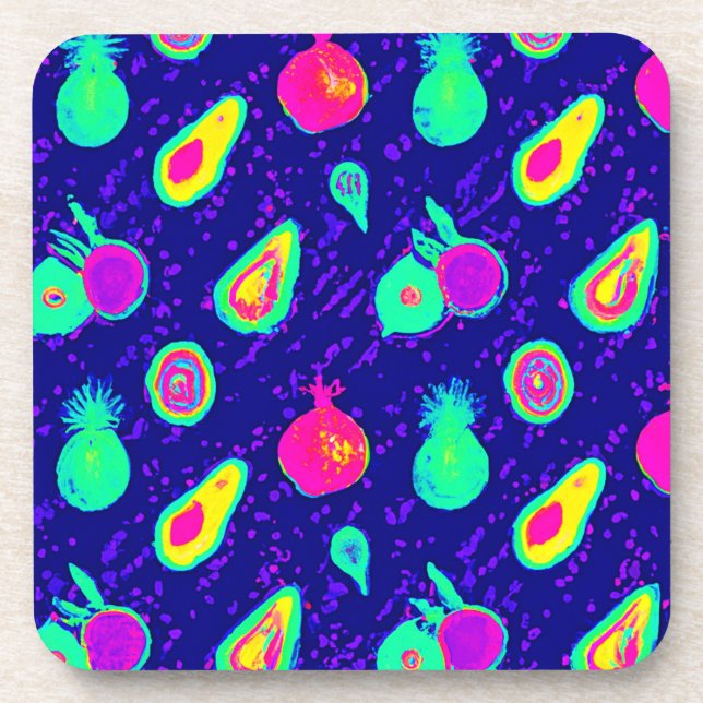 Vibrant Neon Fruits Pattern Design Coaster (Front)