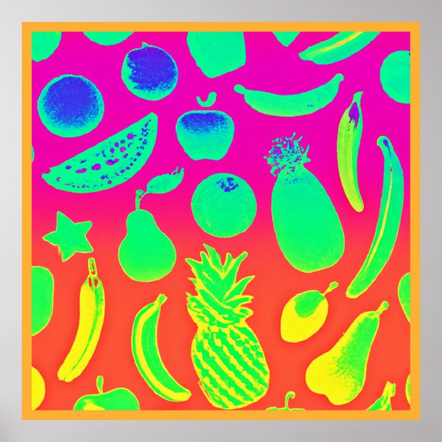 Vibrant Neon Fruits Pattern Poster (Front)