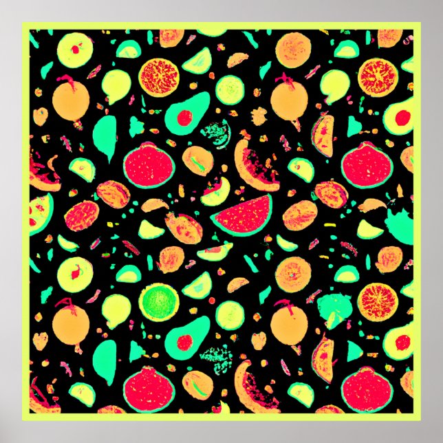 Vibrant Neon Fruits Pattern Poster (Front)