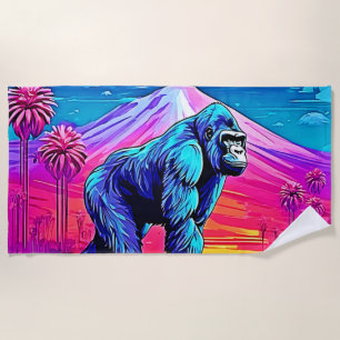 Vibrant Neon Gorilla in a Surreal Jungle Scene Beach Towel