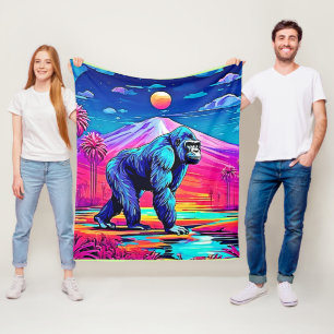 Vibrant Neon Gorilla in a Surreal Jungle Scene Fleece Blanket