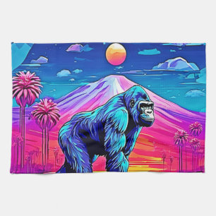 Vibrant Neon Gorilla in a Surreal Jungle Scene Kitchen Towel