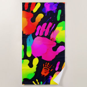 Vibrant Neon Handprint Art Beach Towel