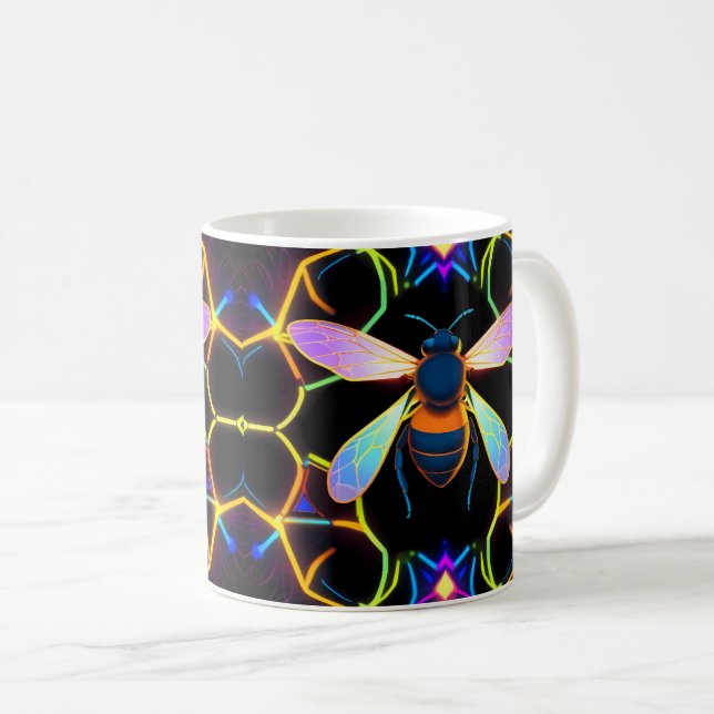 Vibrant Neon Honeybee with Abstract Hexagonal  Coffee Mug (Front Right)