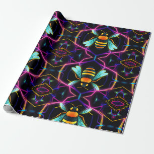 Vibrant Neon Honeybee with Abstract Hexagonal Wrapping Paper