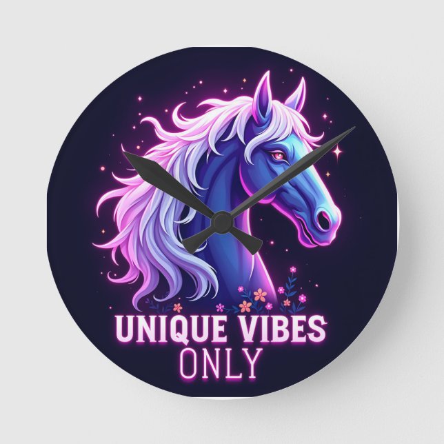 Vibrant Neon Horse Illustration with Unique Text Round Clock (Front)