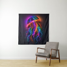Vibrant Neon Jellyfish with Electric Tendrils Wall