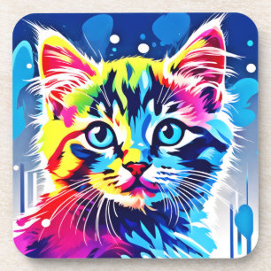 Vibrant Neon Kitty Art Coaster