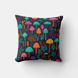 Vibrant Neon Mushroom Magic: Unique Patterns  Throw Pillow