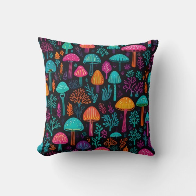Vibrant Neon Mushroom Magic: Unique Patterns  Throw Pillow (Front)