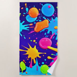 Vibrant Neon Paint Splatter Art Beach Towel