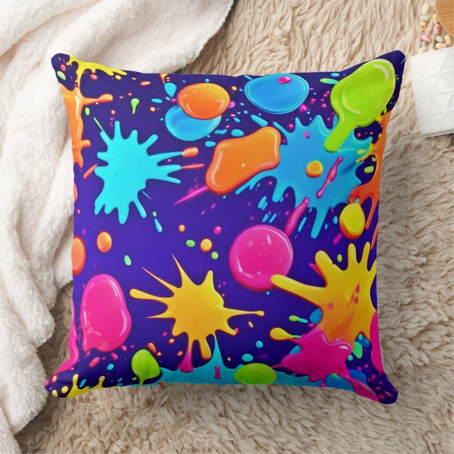 Vibrant Neon Paint Splatter Art Throw Pillow (Blanket)