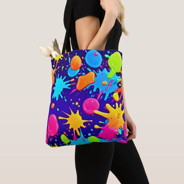 Vibrant Neon Paint Splatter Art Tote Bag (Close Up)