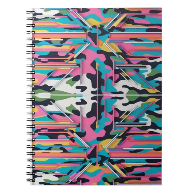 Vibrant Neon Pastel Camo Abstract Spiral Photo Notebook (Front)