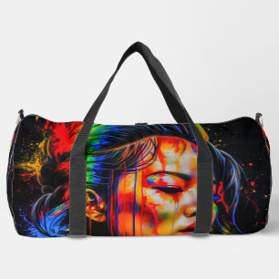 Vibrant Neon Portrait – Abstract Expressionist Art Duffle Bag