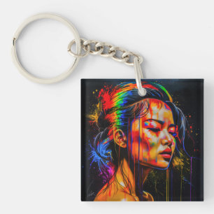 Vibrant Neon Portrait – Abstract Expressionist Art Keychain