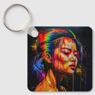 Vibrant Neon Portrait – Abstract Expressionist Art Keychain