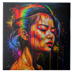 Vibrant Neon Portrait – Abstract Expressionist Art Tile
