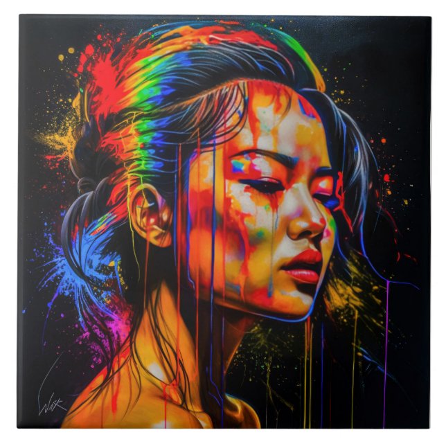 Vibrant Neon Portrait – Abstract Expressionist Art Tile (Front)