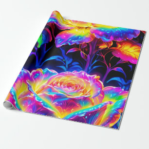 Vibrant Neon Psychedelic Flowers Wrapping Paper