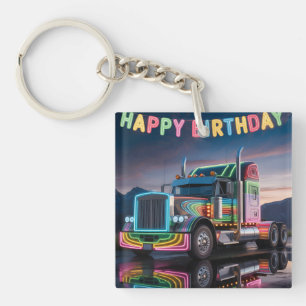 Vibrant Neon Semi-Truck Birthday Illustration Keychain