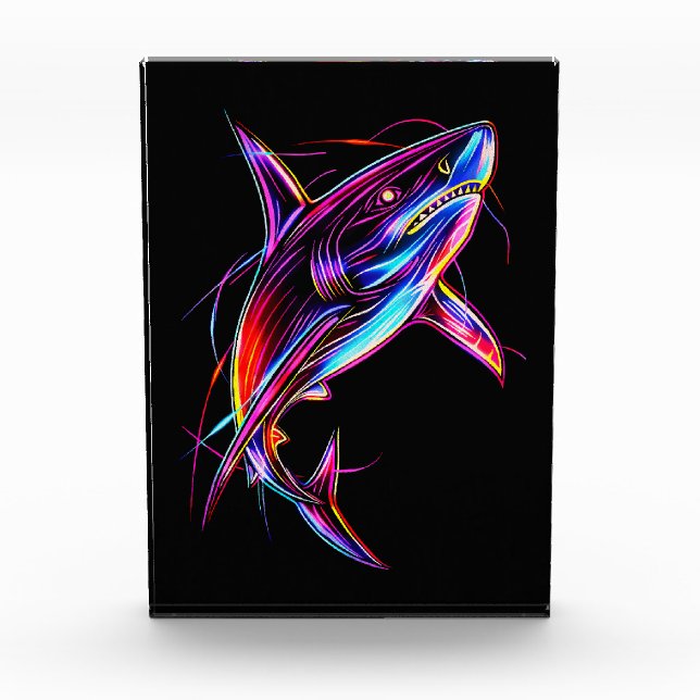 Vibrant Neon Shark Modern Digital Ocean Photo Block (Front)