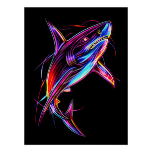 Vibrant Neon Shark Modern Digital Ocean Poster