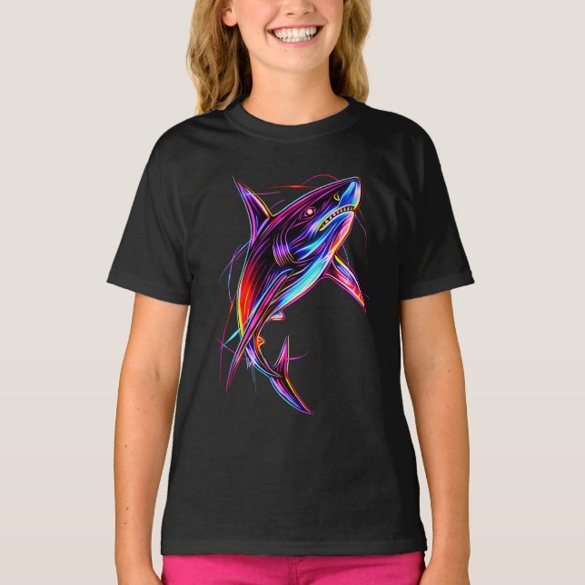 Vibrant Neon Shark Modern Digital Ocean T-Shirt (Front)