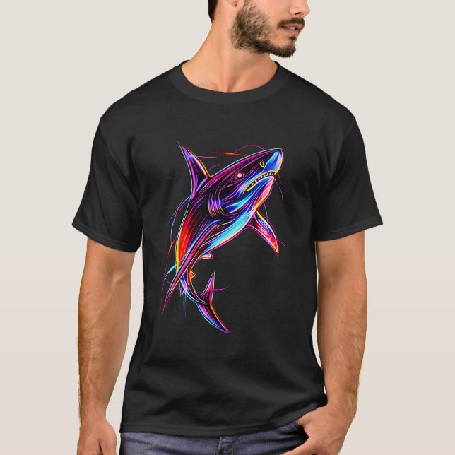 Vibrant Neon Shark Modern Digital Ocean T-Shirt (Front)