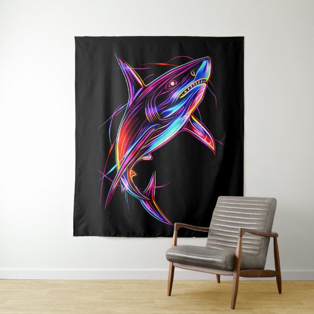 Vibrant Neon Shark Modern Digital Ocean Tapestry (In Situ)