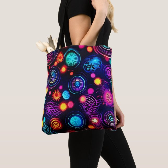 Vibrant Neon Spiral and Dot Art Tote Bag (Close Up)