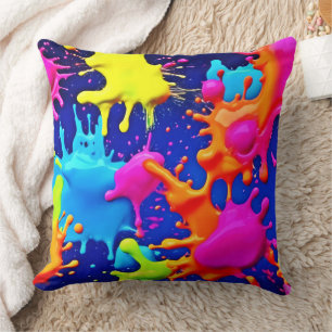 Vibrant Neon Splashes on Dark Canvas Throw Pillow