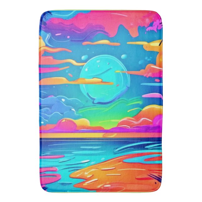 Vibrant Neon Sunset Over Ocean Waves Bath Mat (Front Vertical)
