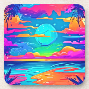 Vibrant Neon Sunset Over Ocean Waves Coaster