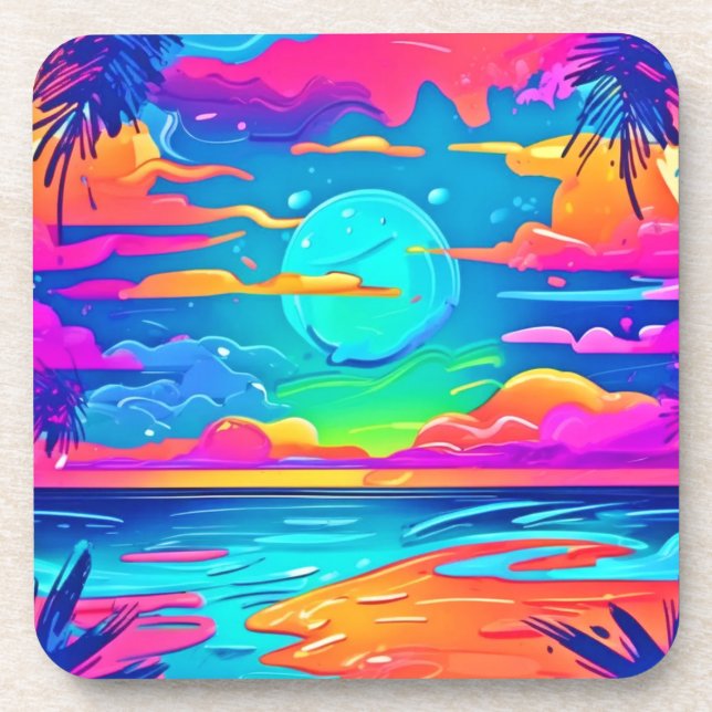 Vibrant Neon Sunset Over Ocean Waves Coaster (Front)